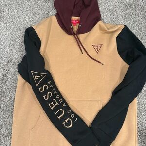 Guess Men's Beige and Black Hoodie with Maroon Hood